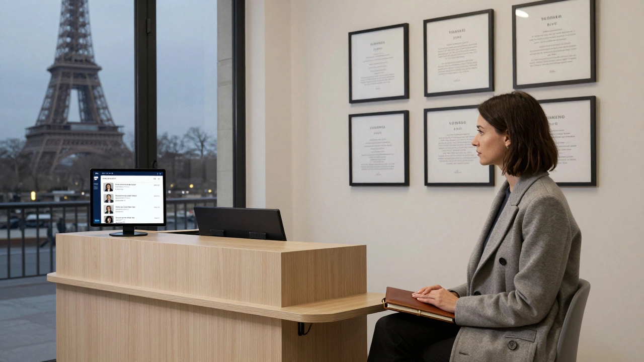 A discreet escort agency office in a Parisian building with a digital booking screen.