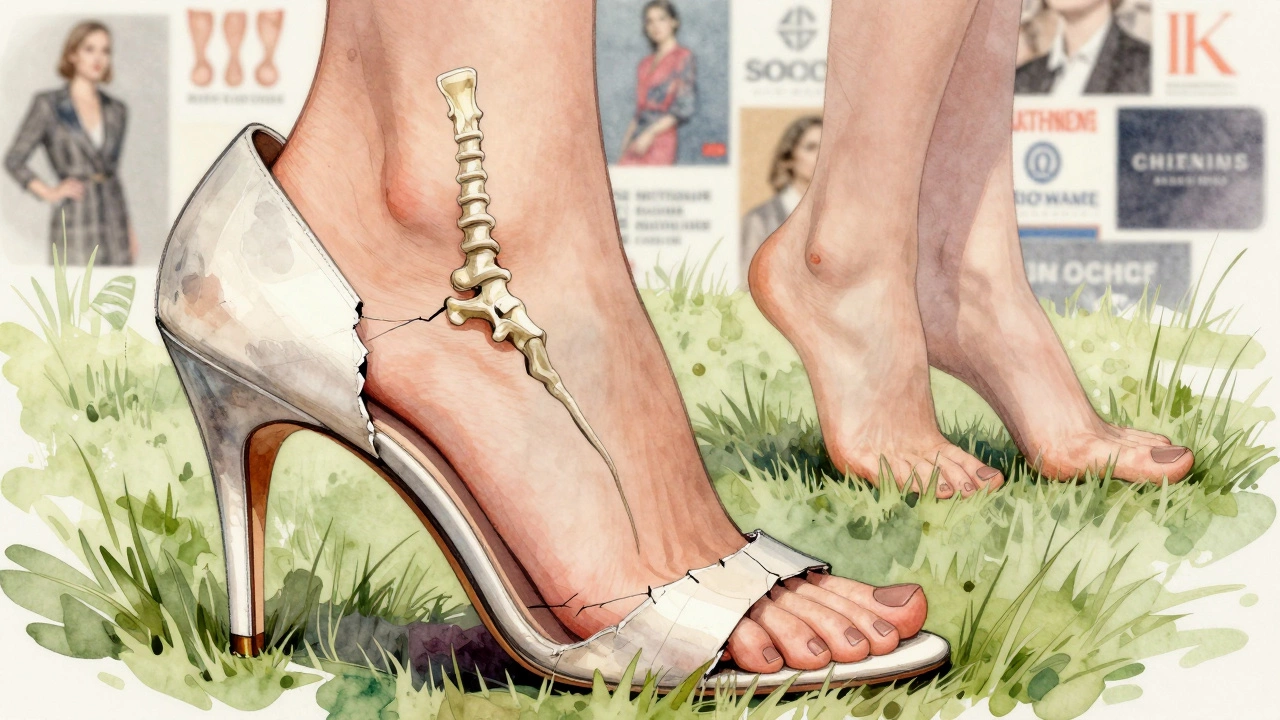 A luxury high heel is cracked open to reveal internal injuries to the foot and spine, surrounded by fashion advertising imagery.