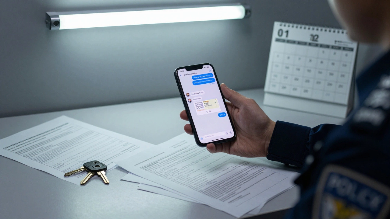 A police officer holding a seized phone with a chat screenshot and bank receipt in a sterile interrogation room.