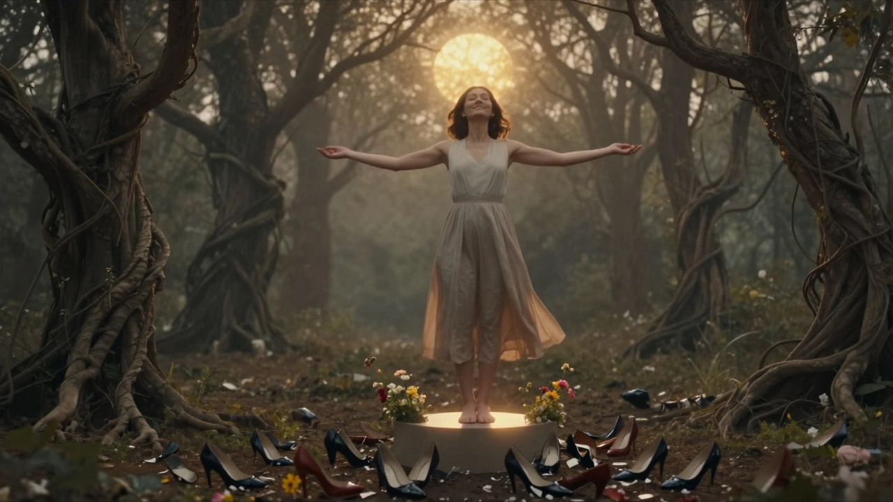 A woman stands barefoot on a pedestal, surrounded by shattered heels growing like trees, as sunlight bathes her in peace and freedom.