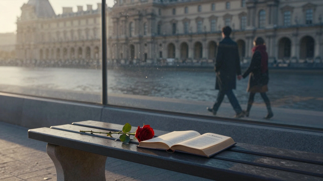 An empty bench by the Louvre at dawn with a book and rose, reflections of walkers on the Seine.