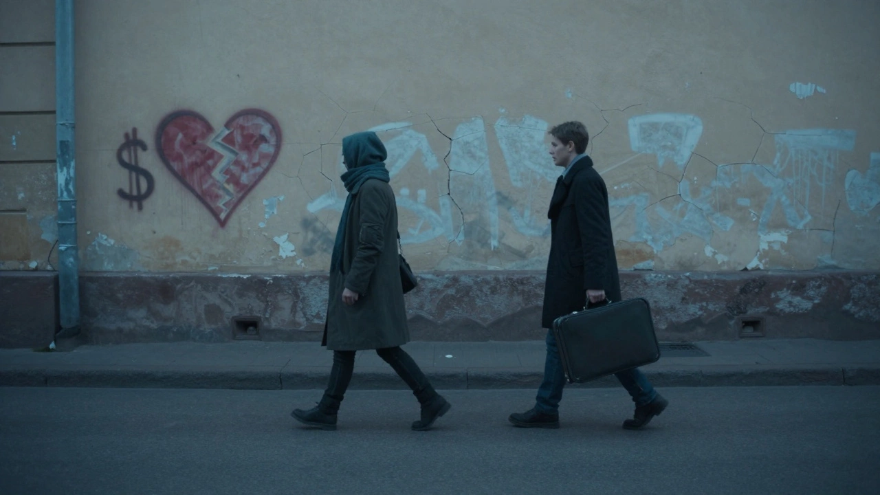 Two figures parting ways on a foggy Russian street at dawn, one carrying a suitcase, behind them broken heart graffiti.